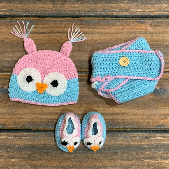 So’Dorable Pink & Blue 3-piece Crochet Owl Set - hat/diaper cover/booties 0-6mo - Picture 2 of 15